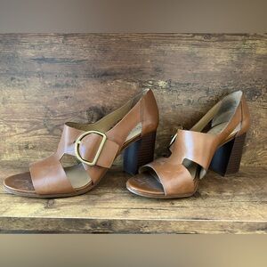 Franco Sarto Mirabel Brown Leather Gold Buckle Block Heels Women’s Size 9